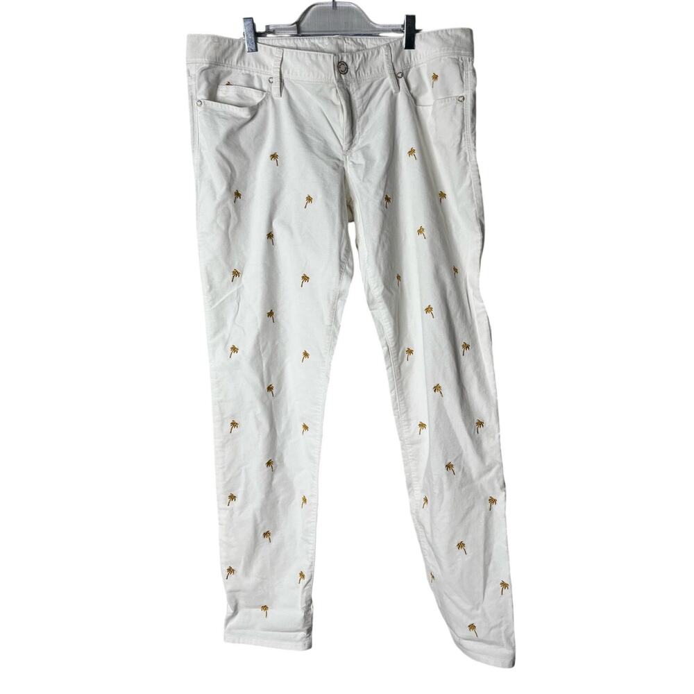 Lilly Pulitzer Worth Skinny White Pants Gold Palm Tree Embroidered Size 14 Ankle